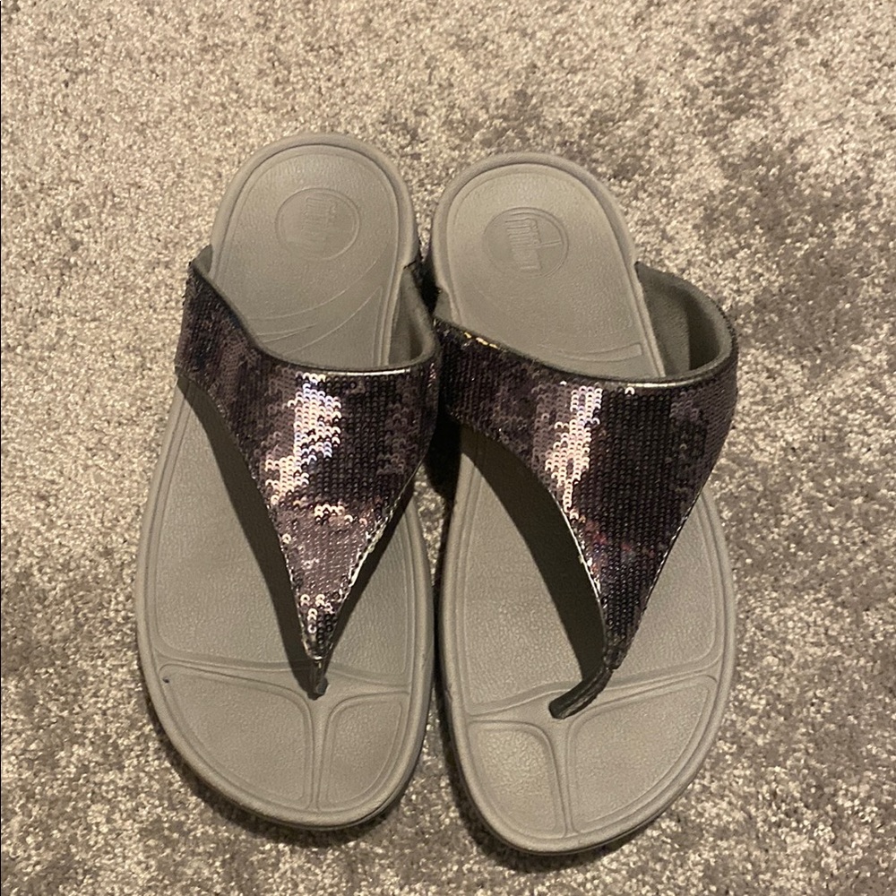Fit Flop Sequin Black Sandals Size 10